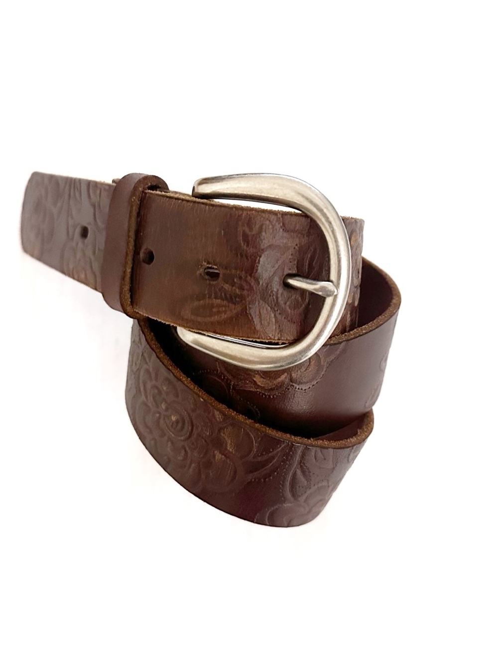 FOSSIL Sasha brown leather floral embossed belt Medium EUC